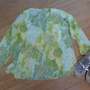 IOS FAIRY FOREST YELLOW GREEN VOILE LS BLOUSE TOP